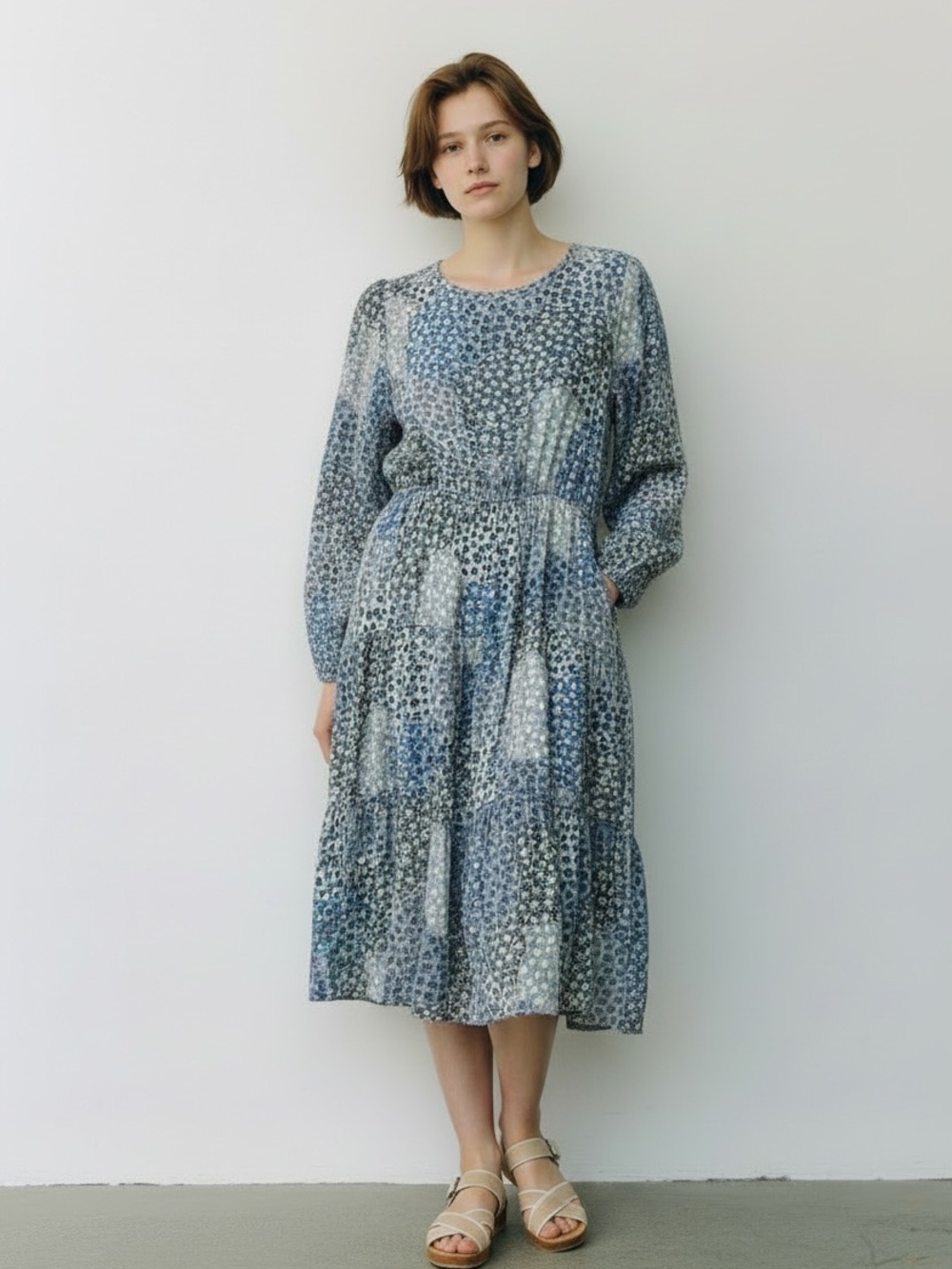 Les Amis Blue Floral Boho Tiered Pocket Dress Small